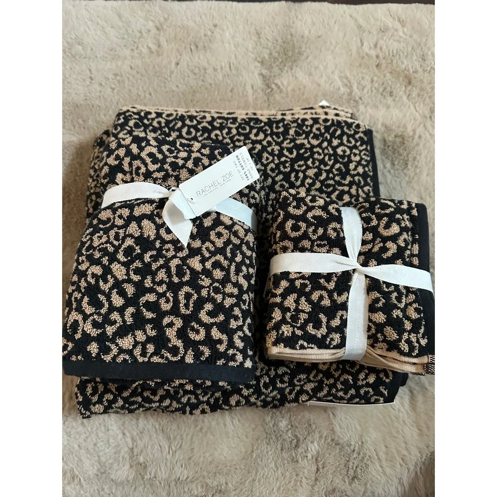 Rachel Zoe Leopard Print Towel Set 100% Cotton Black Tan Animal Print 8 Piece